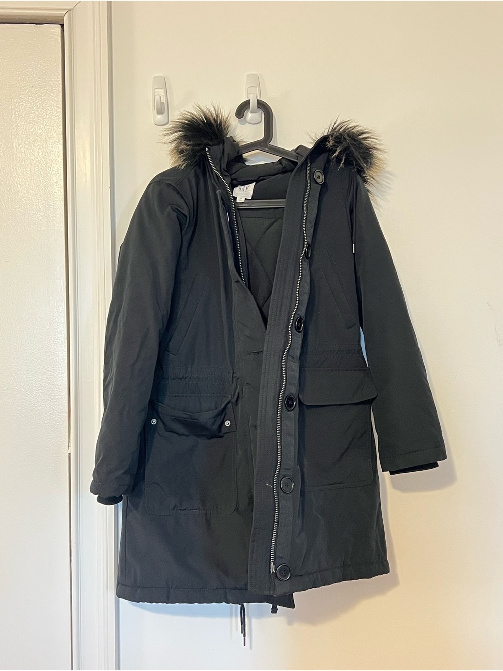 GAP Black Hooded Parka with Fur Trim